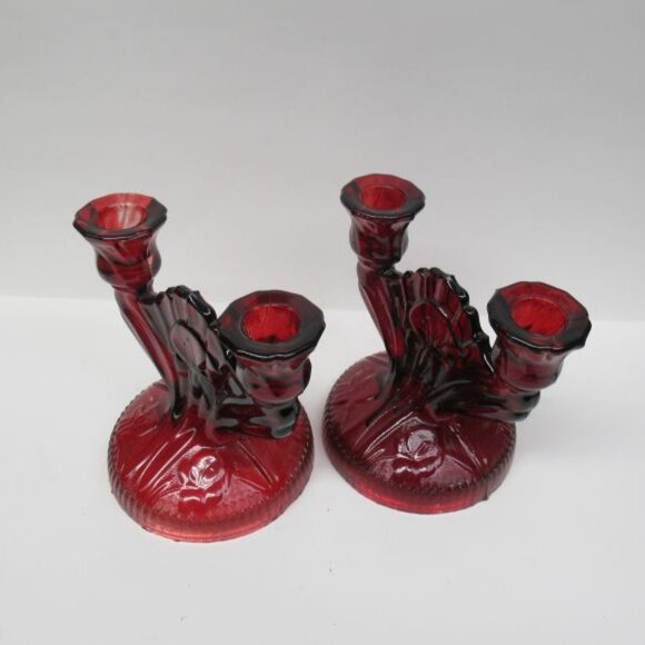 Jeannette Glass Ruby Flashed IRIS and HERRINGBONE Double Branch Candle Holders - Picture 3 of 5